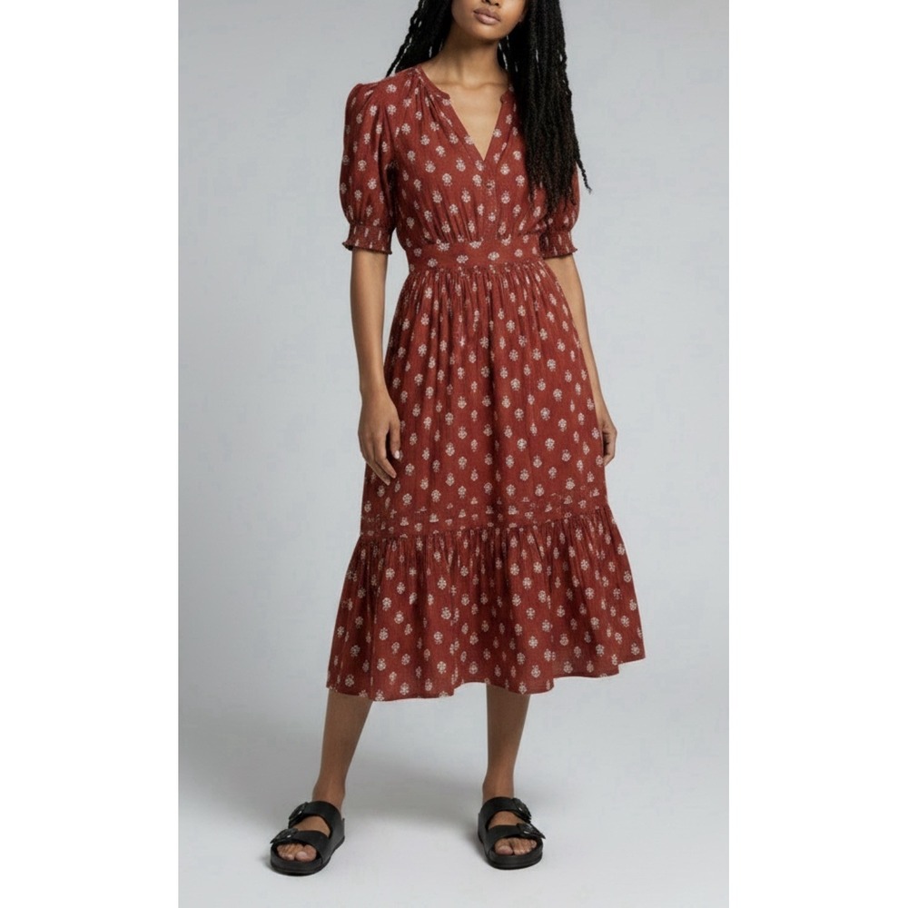 Anthropologie Felipa Maxi Dress Red Ikat M Boho Smocked Peasant Tiered Ruffle